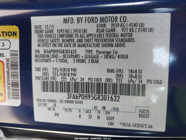 Ford FUSION SE 2016 3FA6P0H95GR301632 Image 9