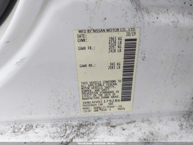 Продажа на аукционе авто 2020 Nissan Altima Platinum Fwd, vin: 1N4BL4FV0LC179286, номер лота: 45026488