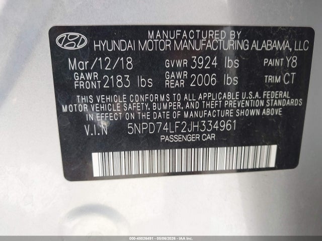 Продажа на аукционе авто 2018 Hyundai Elantra Se, vin: 5NPD74LF2JH334961, номер лота: 45026491