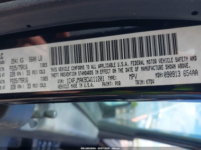 2012 Jeep Liberty Sport მანქანა იყიდება აუქციონზე, vin: 1C4PJMAK9CW111201, აუქციონის ნომერი: 45026494