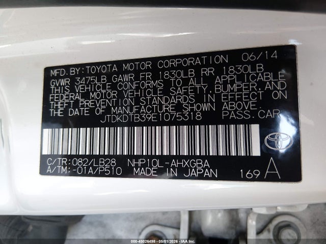 JTDKDTB39E1075318 Toyota Prius C Four