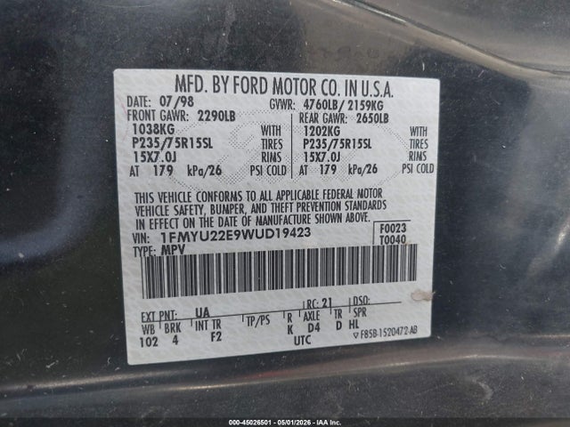 Продажа на аукционе авто 1998 Ford Explorer Sport, vin: 1FMYU22E9WUD19423, номер лота: 45026501