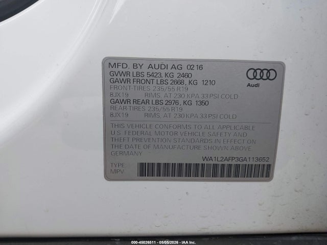 Продажа на аукционе авто 2016 Audi Q5 2.0t Premium, vin: WA1L2AFP3GA113652, номер лота: 45026511