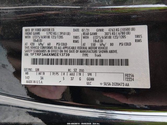 Aukcja sprzedaży 2021 Ford F-350 Xlt, vin: 1FTRF3A6XMEE13739, numer aukcji: 45026518