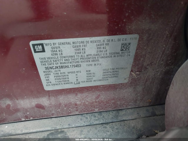 45026521 :رقم المزاد ، 3GNCJKSB5HL179453 vin ، 2017 Chevrolet Trax Ls مزاد بيع