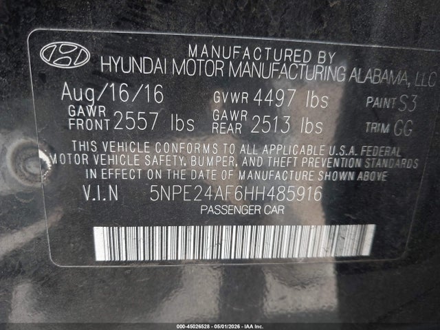 5NPE24AF6HH485916 Hyundai SONATA SE