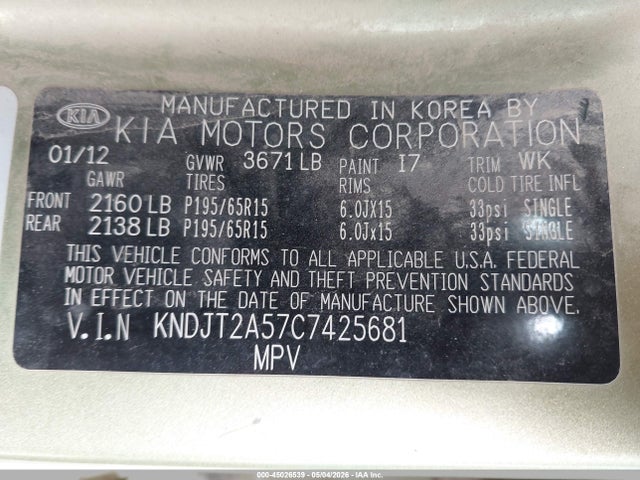 Aukcja sprzedaży 2012 Kia Soul, vin: KNDJT2A57C7425681, numer aukcji: 45026539