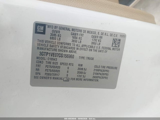 45026546 :رقم المزاد ، 3GTP1VE07CG156960 vin ، 2012 Gmc Sierra 1500 Sle مزاد بيع