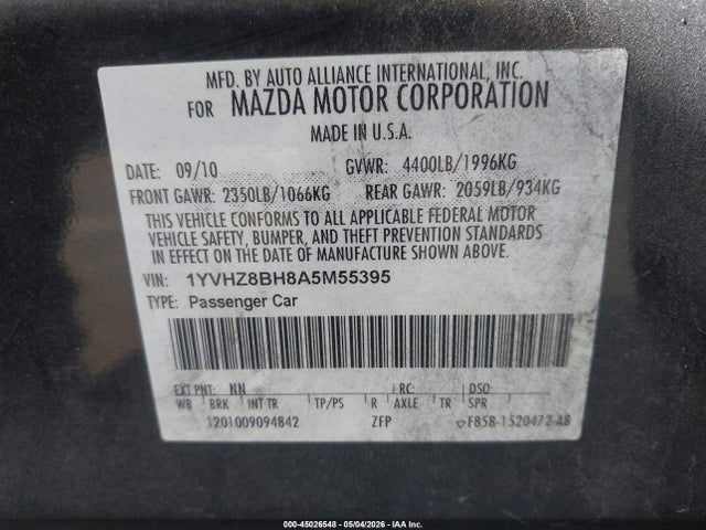 2010 Mazda Mazda6 I Sport მანქანა იყიდება აუქციონზე, vin: 1YVHZ8BH8A5M55395, აუქციონის ნომერი: 45026548
