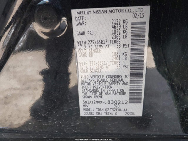 2015 Nissan Rogue Sv მანქანა იყიდება აუქციონზე, vin: 5N1AT2MVXFC830212, აუქციონის ნომერი: 45026553