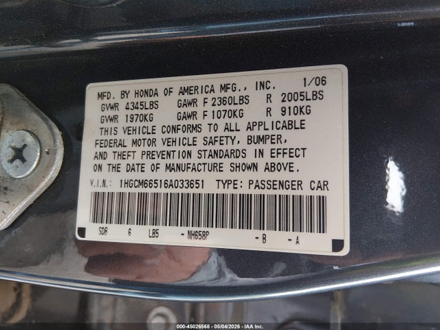 2006 Honda Accord 3.0 Ex მანქანა იყიდება აუქციონზე, vin: 1HGCM66516A033651, აუქციონის ნომერი: 45026568