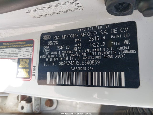 Aukcja sprzedaży 2020 Kia Rio Lx, vin: 3KPA24AD5LE340859, numer aukcji: 45026571