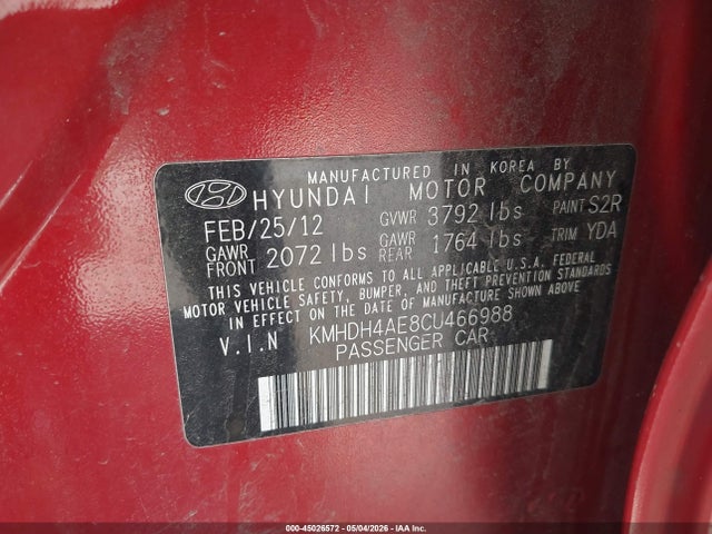 2012 Hyundai Elantra Gls (ulsan Plant) მანქანა იყიდება აუქციონზე, vin: KMHDH4AE8CU466988, აუქციონის ნომერი: 45026572