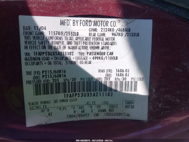 2005 Ford Taurus Se მანქანა იყიდება აუქციონზე, vin: 1FAFP53UX5A211182, აუქციონის ნომერი: 45026575