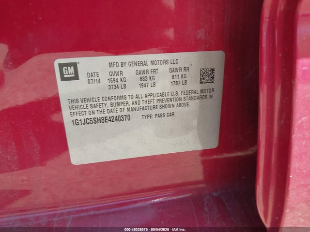 Aukcja sprzedaży 2014 Chevrolet Sonic Lt Auto, vin: 1G1JC5SH8E4240370, numer aukcji: 45026579