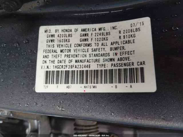 Honda ACCORD LX 2015 1HGCR2F39FA230446 Image 9