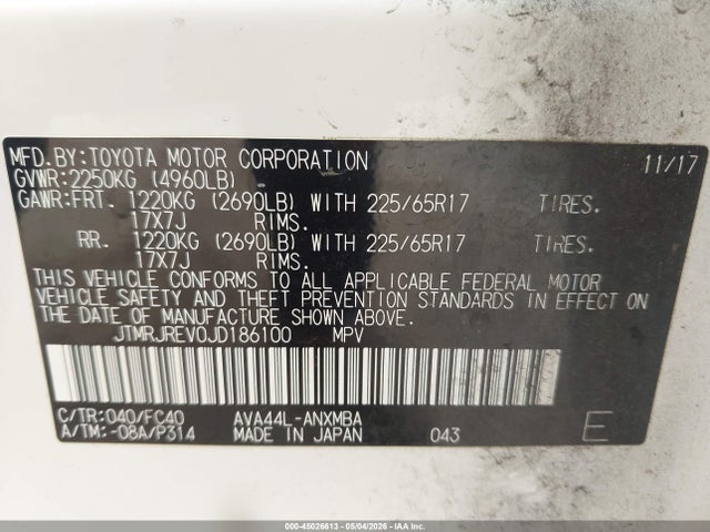 JTMRJREV0JD186100 Toyota Rav4 Hybrid Xle