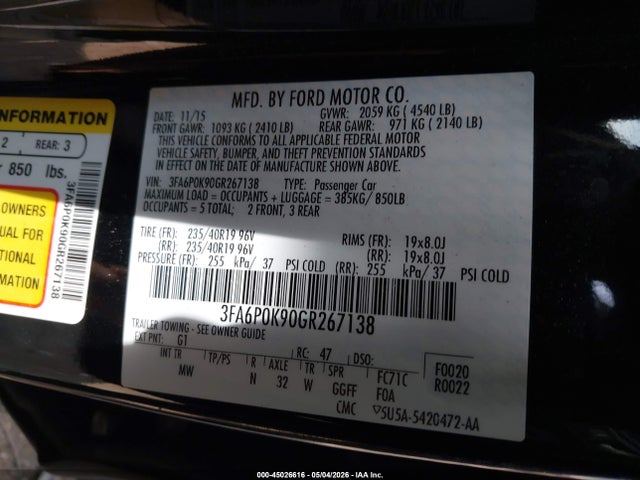 Продаж на аукціоні авто 2016 Ford Fusion Titanium, vin: 3FA6P0K90GR267138, номер лоту: 45026616