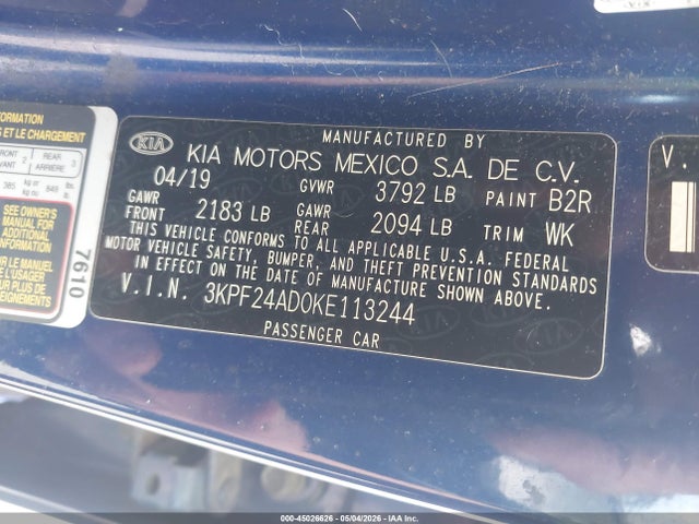 45026626 :رقم المزاد ، 3KPF24AD0KE113244 vin ، 2019 Kia Forte Lxs مزاد بيع