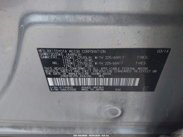 45026648 :رقم المزاد ، JTMZFREV9EJ006346 vin ، 2014 Toyota Rav4 Le مزاد بيع
