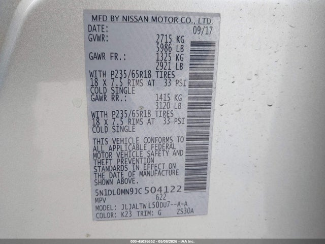 45026652 :رقم المزاد ، 5N1DL0MN9JC504122 vin ، 2018 Infiniti Qx60 مزاد بيع