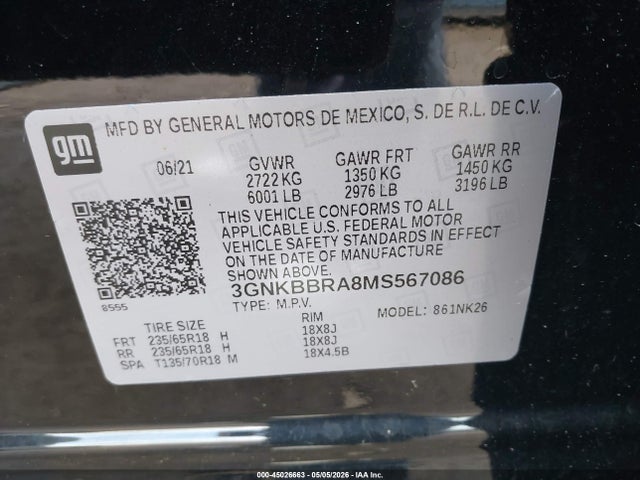 45026663 :رقم المزاد ، 3GNKBBRA8MS567086 vin ، 2021 Chevrolet Blazer Fwd 1lt مزاد بيع