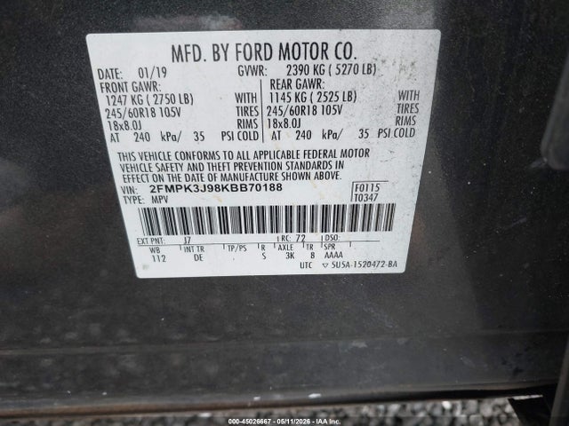 Aukcja sprzedaży 2019 Ford Edge Sel, vin: 2FMPK3J98KBB70188, numer aukcji: 45026667