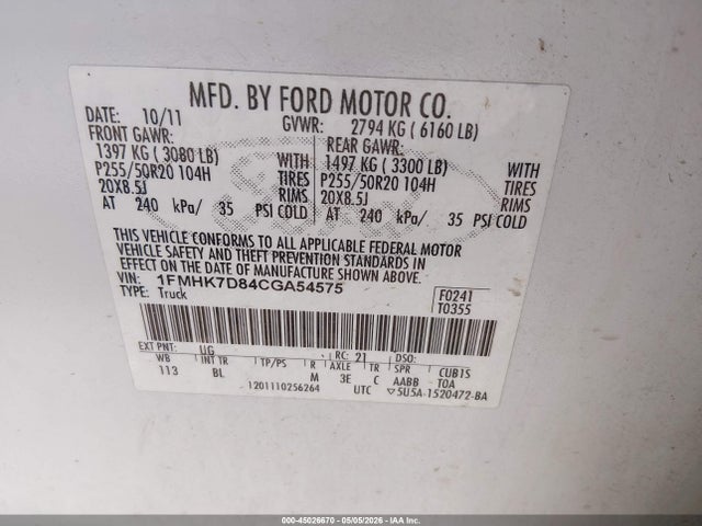 Aukcja sprzedaży 2012 Ford Explorer Xlt, vin: 1FMHK7D84CGA54575, numer aukcji: 45026670