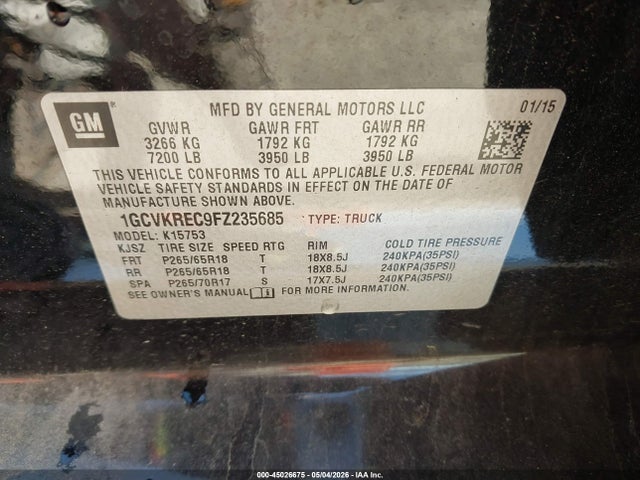 1GCVKREC9FZ235685 Chevrolet Silverado 1500 2lt