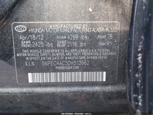45026684 :رقم المزاد ، 5NPEC4AC5DH513962 vin ، 2013 Hyundai Sonata Limited مزاد بيع