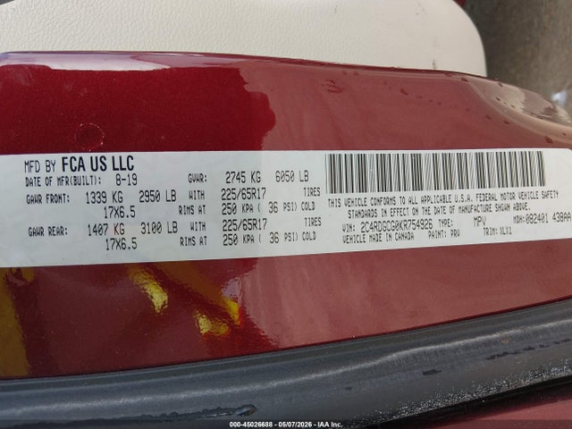 Dodge Grand Caravan Sxt 2019 2C4RDGCG0KR754926 Image 9