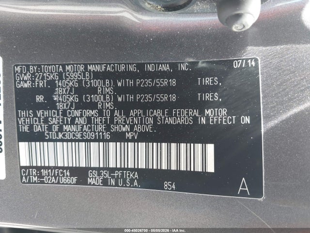 Продаж на аукціоні авто 2014 Toyota Sienna Le 7 Passenger, vin: 5TDJK3DC9ES091116, номер лоту: 45026700