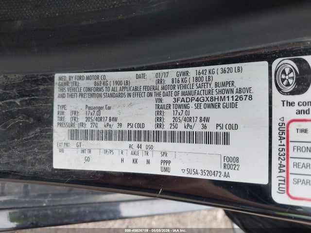 45026709 :رقم المزاد ، 3FADP4GX8HM112678 vin ، 2017 Ford Fiesta St مزاد بيع