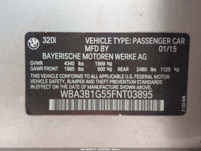 Aukcja sprzedaży 2015 Bmw 320i, vin: WBA3B1G55FNT03895, numer aukcji: 45026710