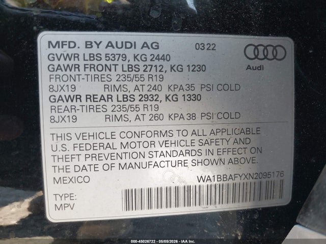 Продаж на аукціоні авто 2022 Audi Q5 Premium Plus 40 Tfsi Quattro S Tronic, vin: WA1BBAFYXN2095176, номер лоту: 45026722