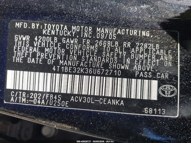 Продаж на аукціоні авто 2006 Toyota Camry Le, vin: 4T1BE32K36U672710, номер лоту: 45026727
