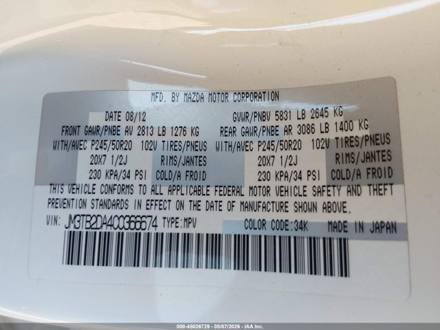 45026729 :رقم المزاد ، JM3TB2DA4C0366674 vin ، 2012 Mazda Cx-9 Grand Touring مزاد بيع