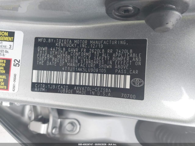 45026747 :رقم المزاد ، 4T1J11AK5LU908105 vin ، 2020 Toyota Camry Se مزاد بيع
