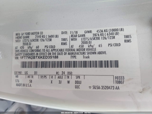 45026749 :رقم المزاد ، 1FT7W2BTXKED35188 vin ، 2019 Ford F-250 Lariat مزاد بيع
