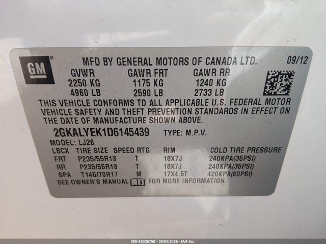 45026750 :رقم المزاد ، 2GKALYEK1D6145439 vin ، 2013 Gmc Terrain Denali مزاد بيع