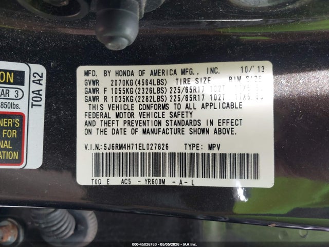 2014 Honda Cr-v Ex-l მანქანა იყიდება აუქციონზე, vin: 5J6RM4H71EL027826, აუქციონის ნომერი: 45026760
