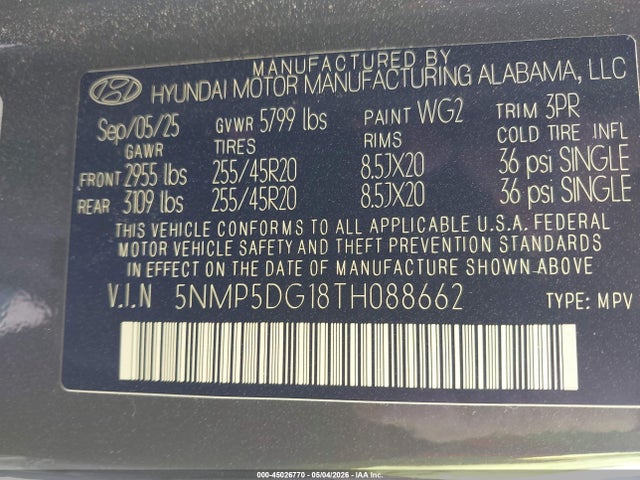 2026 Hyundai Santa Fe Hybrid Calligraphy მანქანა იყიდება აუქციონზე, vin: 5NMP5DG18TH088662, აუქციონის ნომერი: 45026770