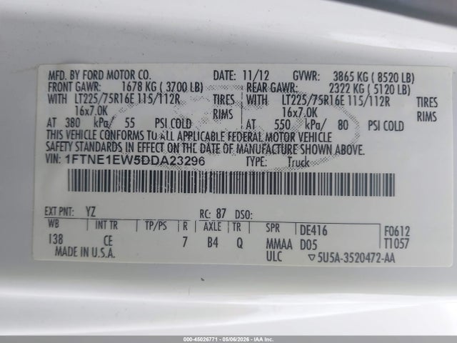 Auction sale of the 2013 Ford E-150 Commercial, vin: 1FTNE1EW5DDA23296, lot number: 45026771