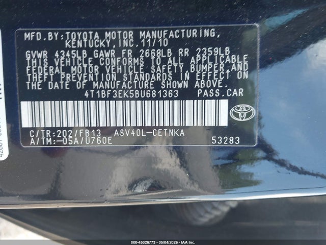 2011 Toyota Camry მანქანა იყიდება აუქციონზე, vin: 4T1BF3EK5BU681363, აუქციონის ნომერი: 45026773