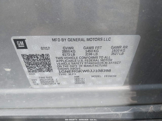 Продаж на аукціоні авто 2018 Chevrolet Traverse 1lt, vin: 1GNERGKW0JJ108398, номер лоту: 45026774