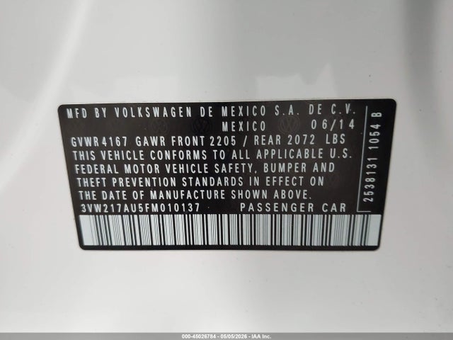 Aukcja sprzedaży 2015 Volkswagen Golf Tsi S 4-door, vin: 3VW217AU5FM010137, numer aukcji: 45026784