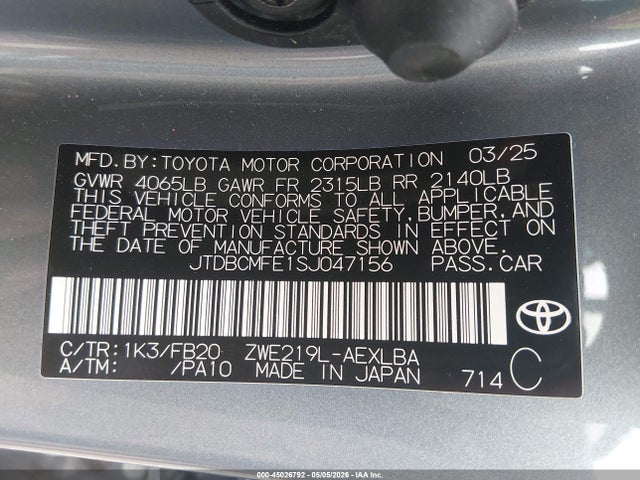 45026792 :رقم المزاد ، JTDBCMFE1SJ047156 vin ، 2025 Toyota Corolla Hybrid Le مزاد بيع