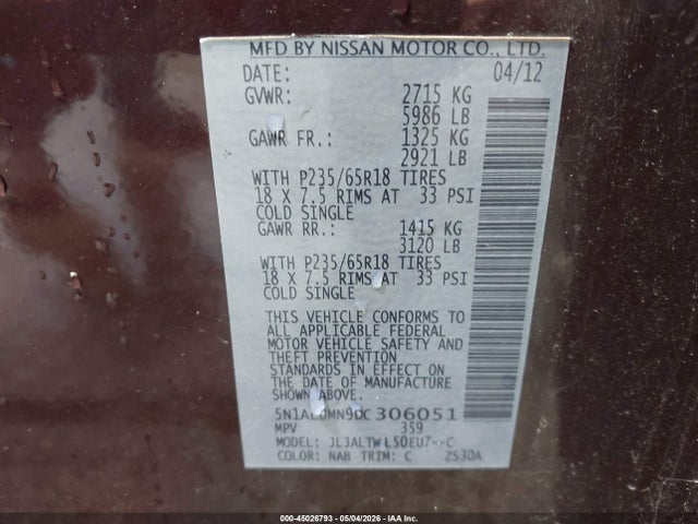 Aukcja sprzedaży 2013 Infiniti Jx35, vin: 5N1AL0MN9DC306051, numer aukcji: 45026793