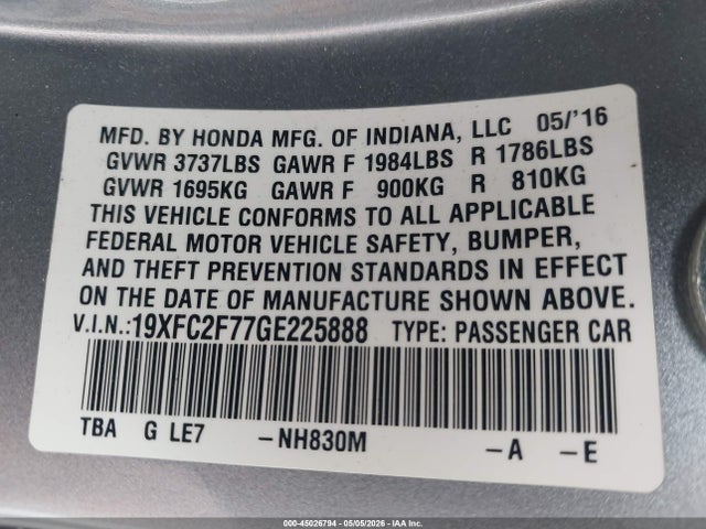 Honda CIVIC EX 2016 19XFC2F77GE225888 Image 9