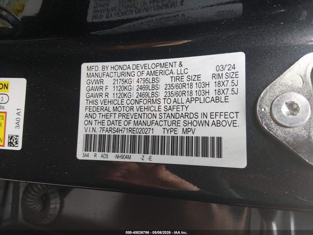 45026796 :رقم المزاد ، 7FARS4H71RE020271 vin ، 2024 Honda Cr-v Ex-l Awd مزاد بيع